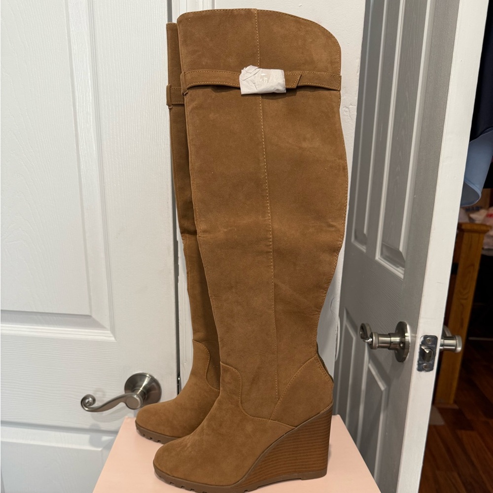 JustFab Tan Over-the-Knee Wedge Boots